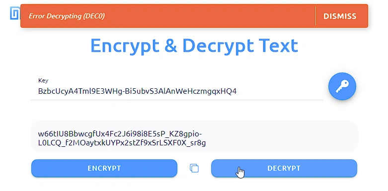 error decrypting invalid key for the text