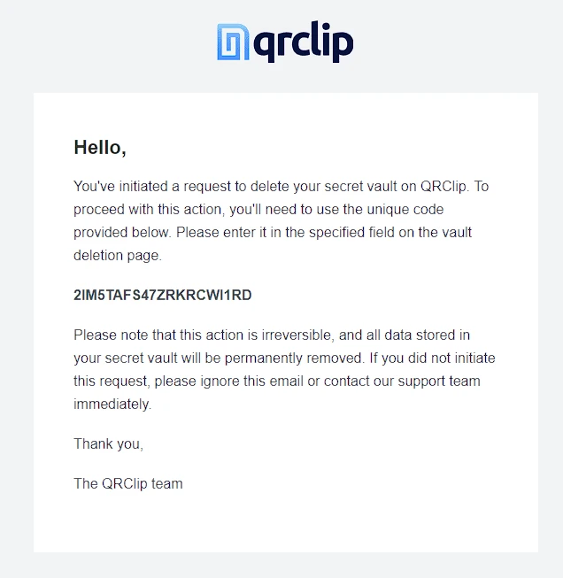 qrclip delete vault email